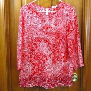 Artisan NY Blouse Red Paisley 3/4 Sleeve Lightweight Size Medium